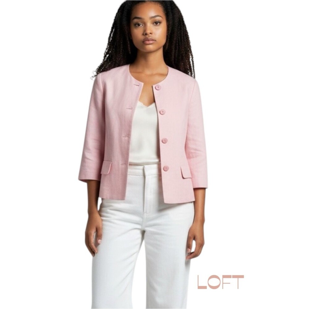 LOFT Pastel Pink Linen Blend Quarter Sleeve Jacket NWOT Size 4 Feminine Cottage